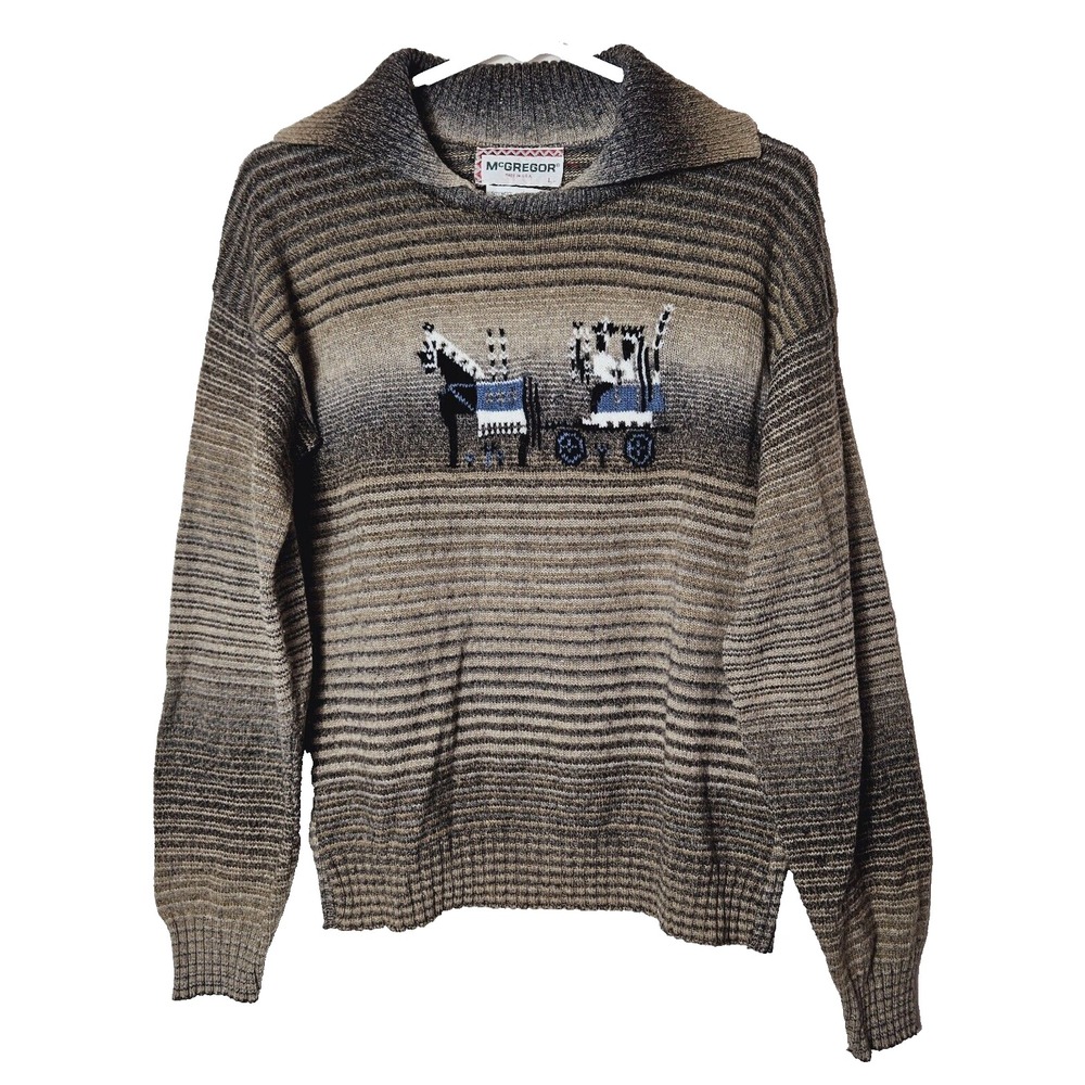 McGregor Brown Vintage Horse Carriage Knit Sweater Large Retro Academia Boho USA